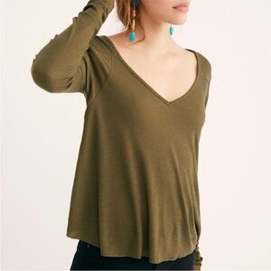 Free People Rock The Boat Thermal Top Green Ribbed Long Sleeve Small